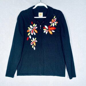 Vintage Sweater Womens L Black Floral Embroidered Full Zip Cardigan Cottage